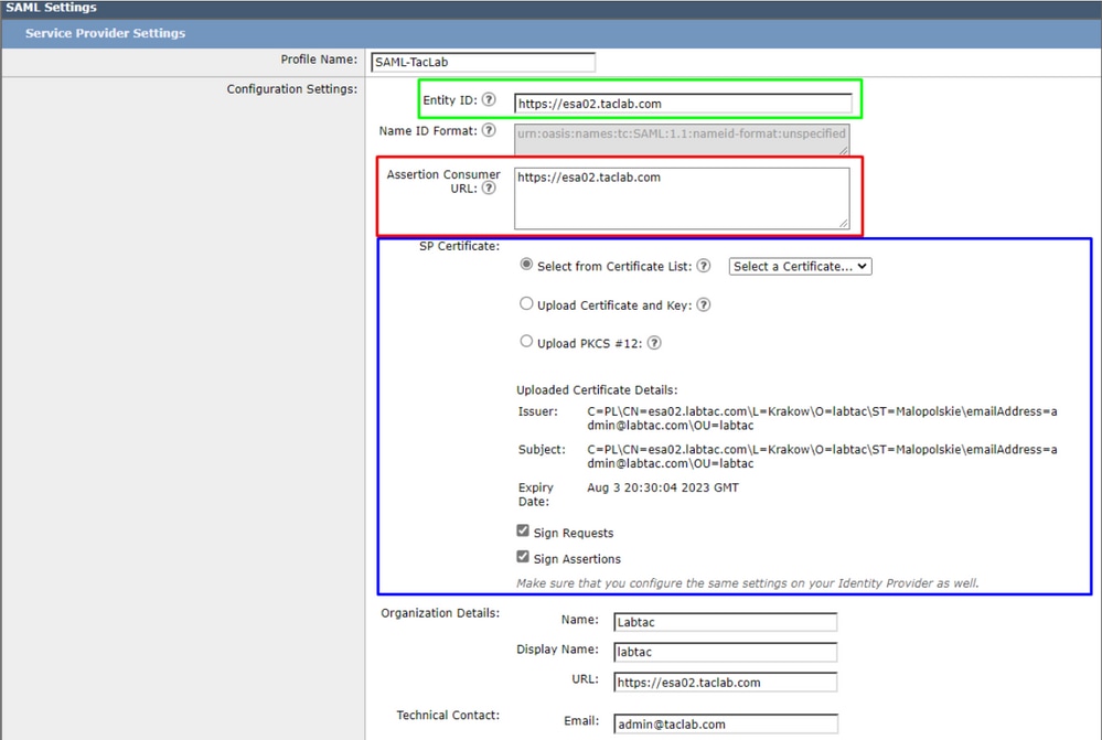 ESA SAML Settings