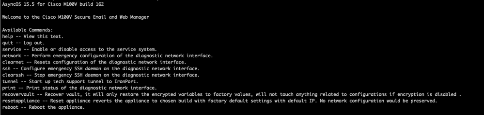 menu de commandes enable diag