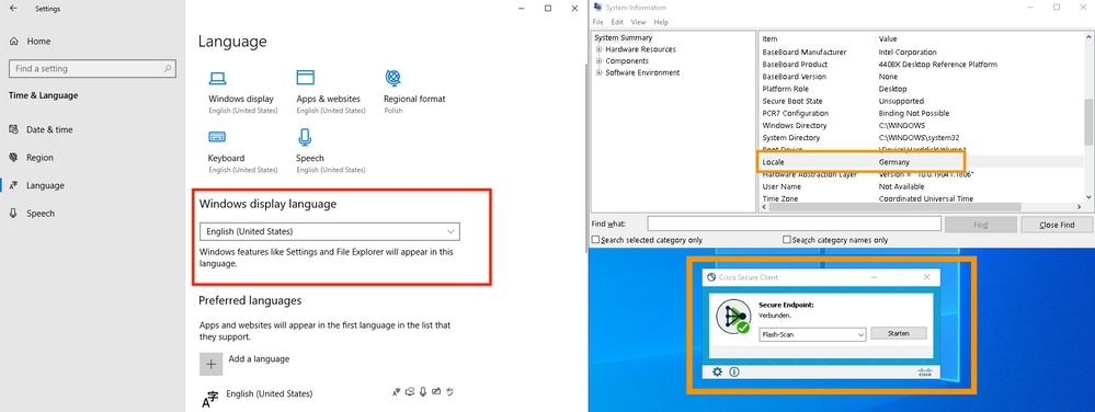 Three windows, Settings msinfo32 and Cisco Secure Client GUI