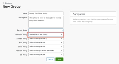 Selecione Debug TechZone Policy