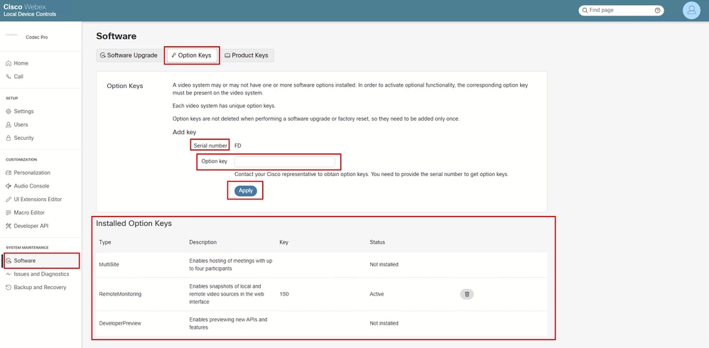 Locating Option Keys from the Endpoint GUI