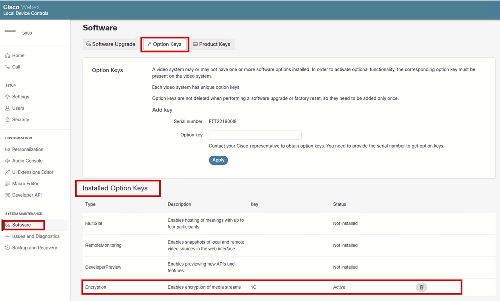 Encryption Option Key on Endpoint's GUI