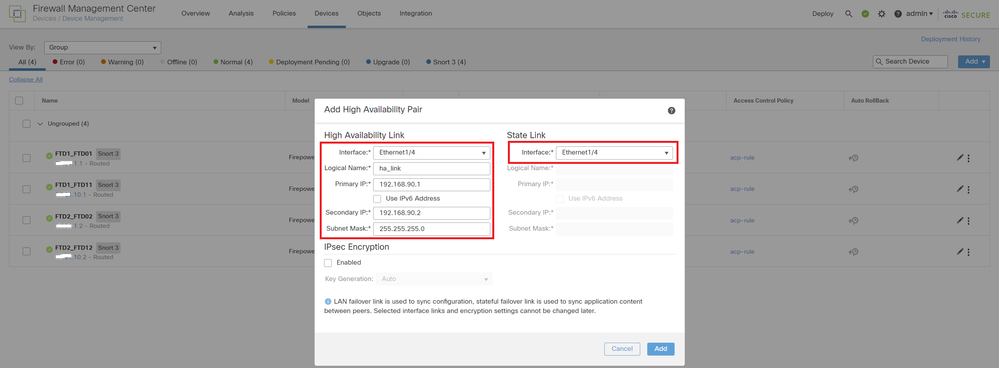 Définir l'interface haute disponibilité et IP pour la première paire de basculement