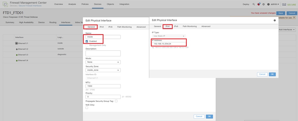 Définir l'adresse IP active pour l'interface de données