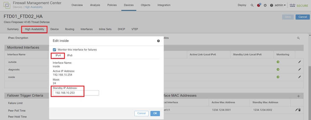 Establecer IP en espera para la interfaz de datos