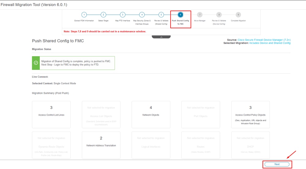 Push de configuração compartilhada para FMC concluído