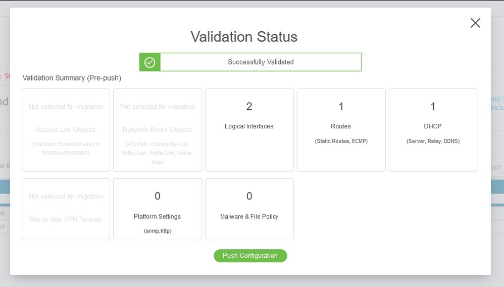 Status da validação - Configuração de envio por push.