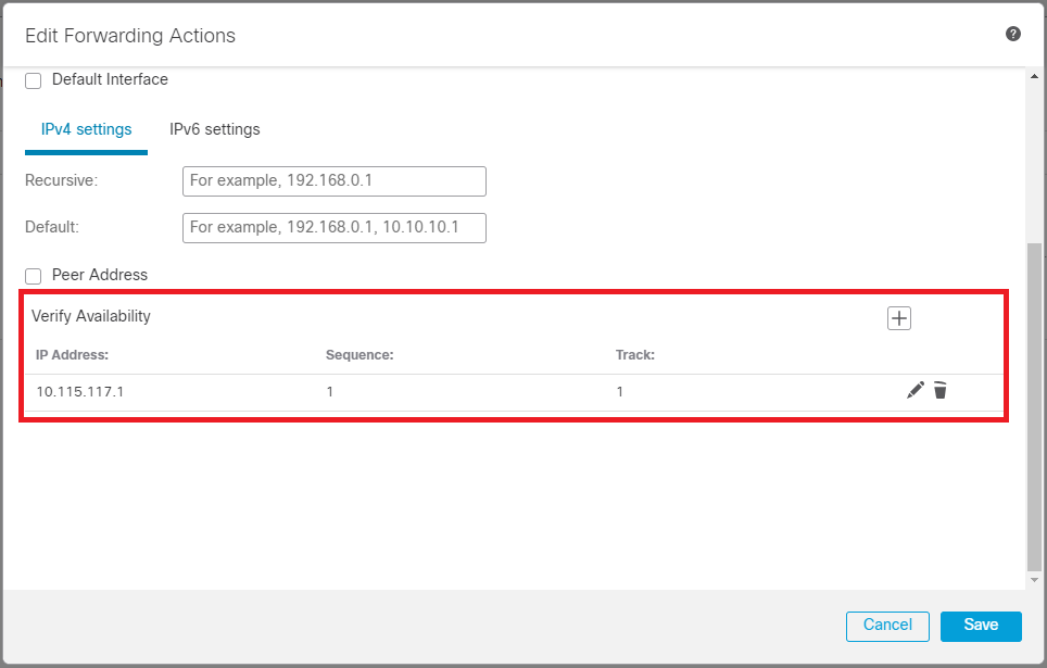 Forwarding Actions Configurationウィンドウ