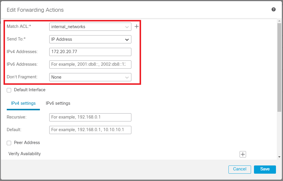 Forwarding Actions Configurationウィンドウ