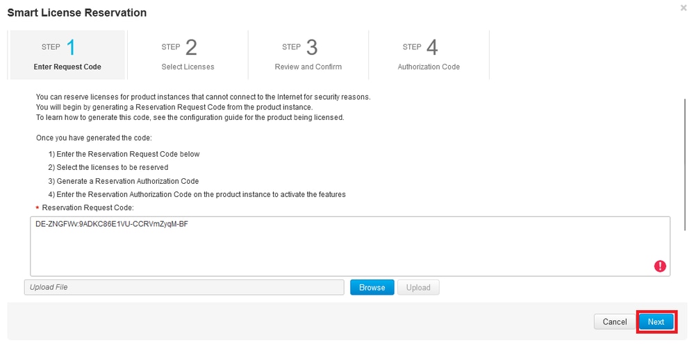 Collez votre code de demande et cliquez sur Next (Suivant)