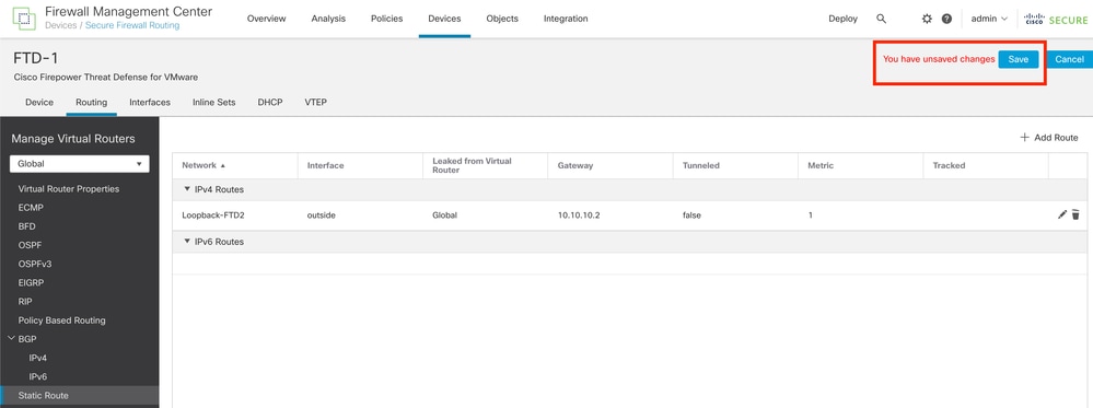 Imagem 12. Salvar a configuração da interface de rota estática