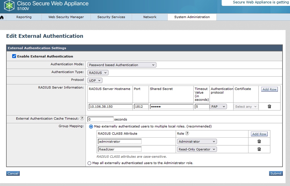 Configurazione dell'autenticazione esterna per il server RADIUS