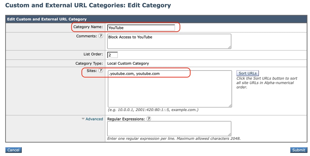 Configura categoria per bloccare l'accesso a YouTube