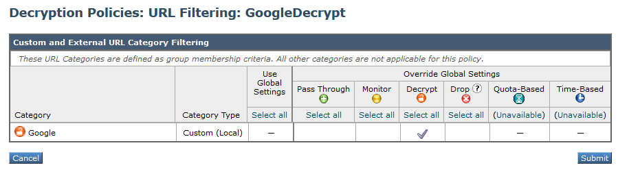 حدد فئة URL المخصصة التي تم إنشاؤها ل Google لفك تشفيرها في نهج فك التشفير