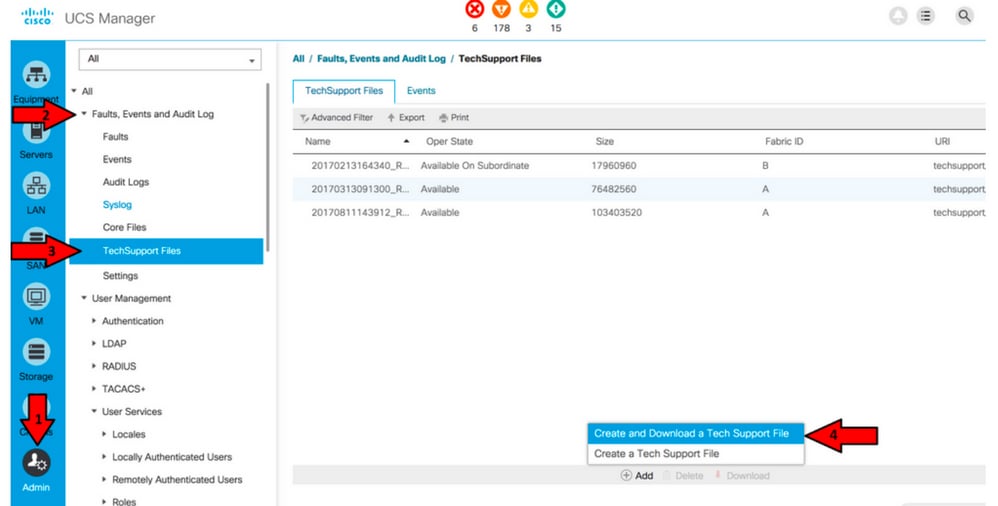 Navigate to TechSupport Files and Click Create and Download a Tech Support File