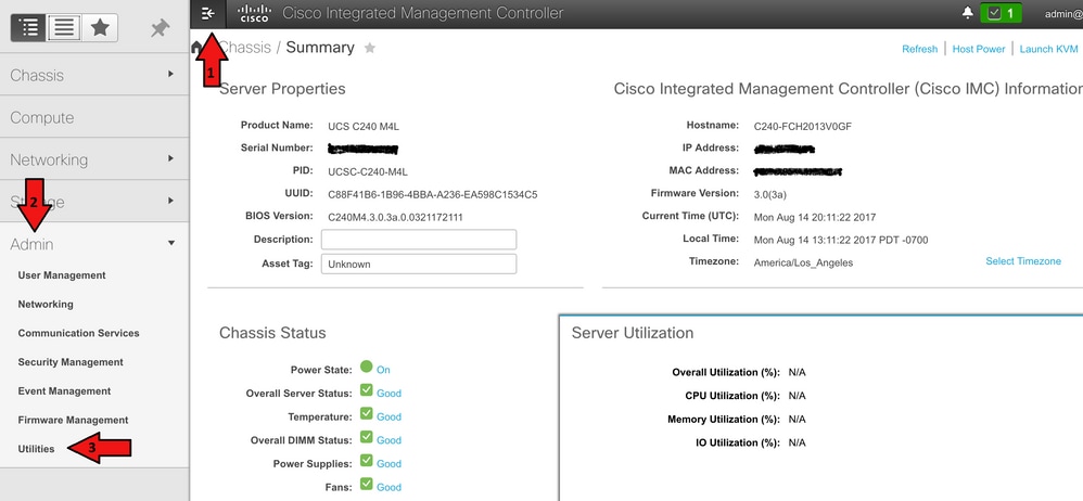 Connectez-vous à CIMC et accédez à Utilitaires sous Admin