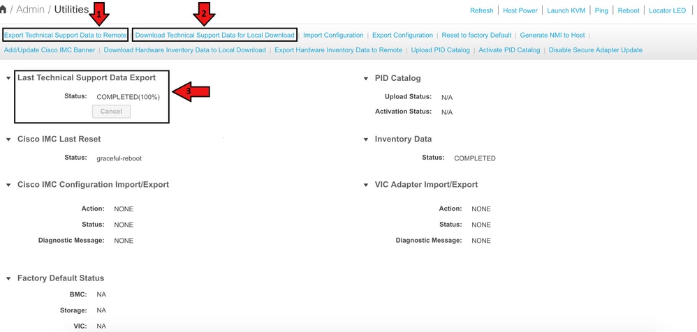 Export Options and Status of Last Technical Support Data Export