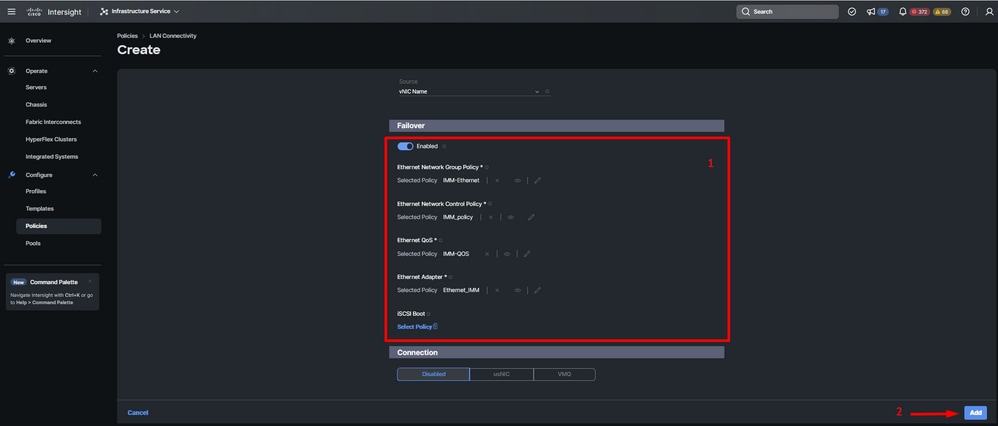 Fialover and policies for vNIC configuration