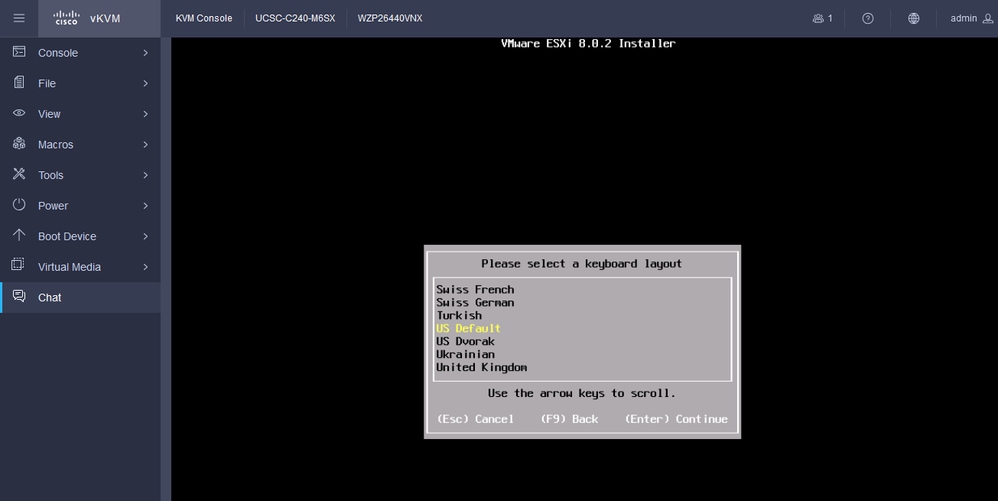 ESXi Keyboard Select
