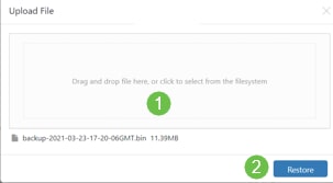 A pop-up window appears. Here you can drag and drop the backup file or click in the box to browse to the backup file. Once the file is selected, click the Restore button. 