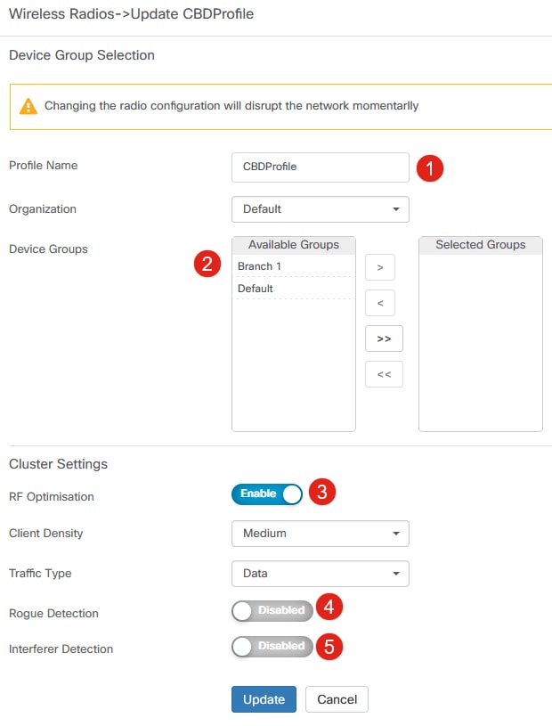 Here, you can create a profile and configure multiple devices in a device group to set the RF Optimization settings, Rogue Detection, and Interferer Detection settings for your CBW APs.