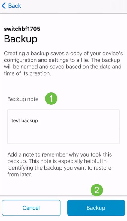 Enter a Backup note and click Backup. 