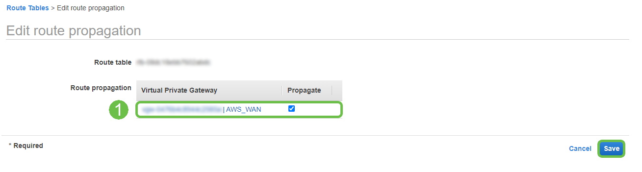 Screen Shot of the Edit Route propagation section. Next to the area marked a route propagation, under Virtual Private Gateway (VPG), the VPG created prior to this step is higlighted and marked as step one. The save button is highlighted in a green box. 