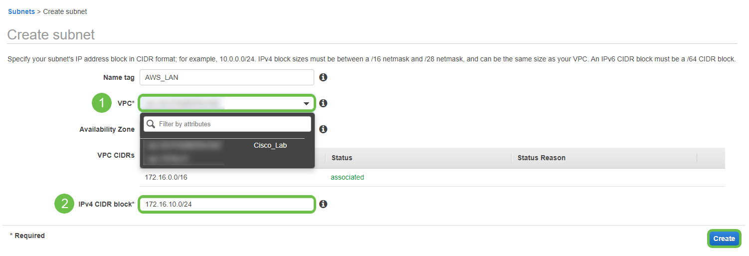 A screen shot of the Create Subnet with VPC as step one and IPV4 CIDR Block as step two. 