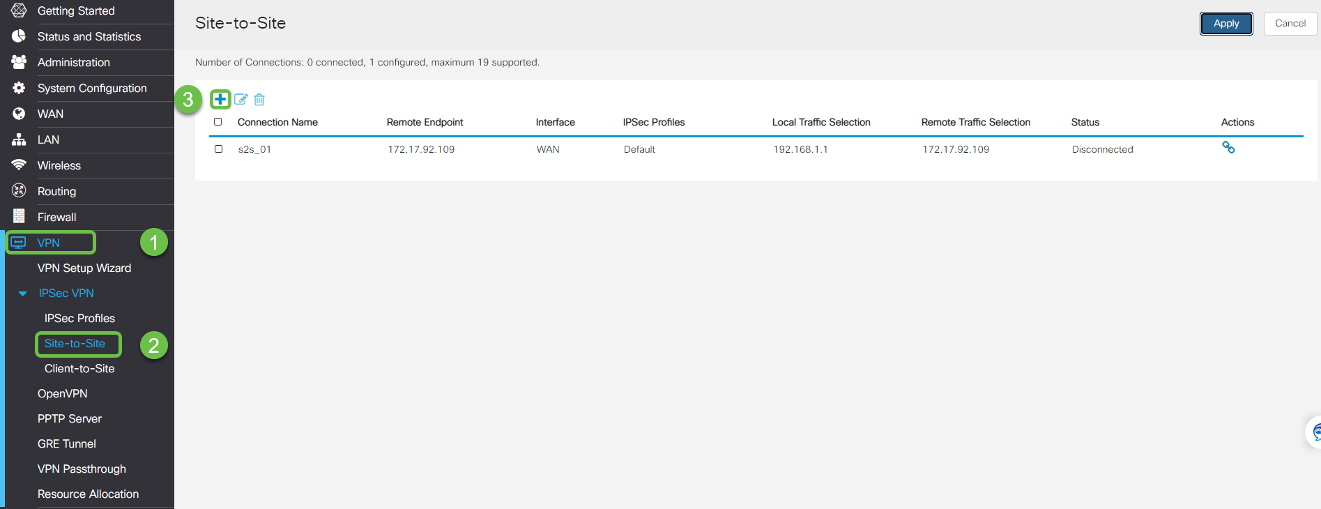 The Site to Site Page with the Menu options visible. VPN is step one, with Site to Site option highlighted as step two. The small plus button on the upper left side of the Site to site Profiles table is highlighted and marked as step 3. 