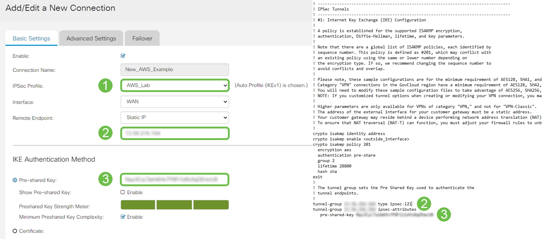 The Add and edit a new connection page along side the IPSEC configuration made from the AWS configuration. On the Cisco router side of the screenshot, The ipsec profile is highlighted as step one. The remote end point and pre-shared key are marked as step two and three respectively to match the AWS screenshot. The tunnel Group and password are highlighted as step two and three. 