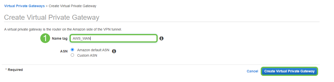 Screen Shot of Virtual Private Gateway with Name tag as step 1 and highlighted in green. 