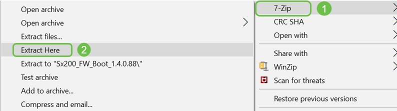 Right-click on the name of the zip file, a screen similar to this will appear. Hover over the unzip software, and choose Extract Here. In this example, 7-Zip is used.