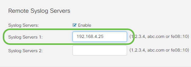 A screenshot snippet of the Remote Syslog section, a highlight indicates input of an IP address to the Syslog server.