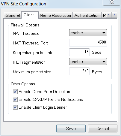 Client tab of VPN Site Configuration.