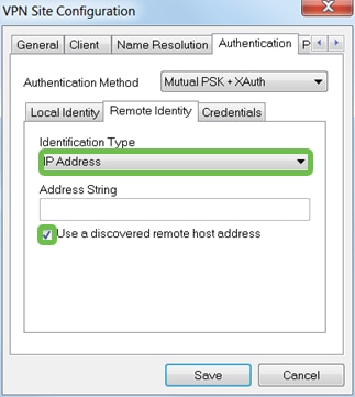 Authentication tab continued, ID type set to IP address and the toggle button Use a discovered remote host address.