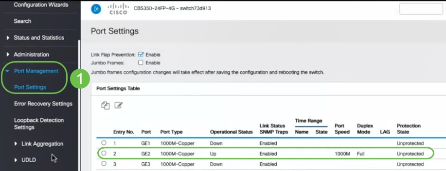 First, we navigate to Port Management > Port Settings and verify the PC is connected on switch port 2 (GE2) and the Operational Status of the port is showing Up.