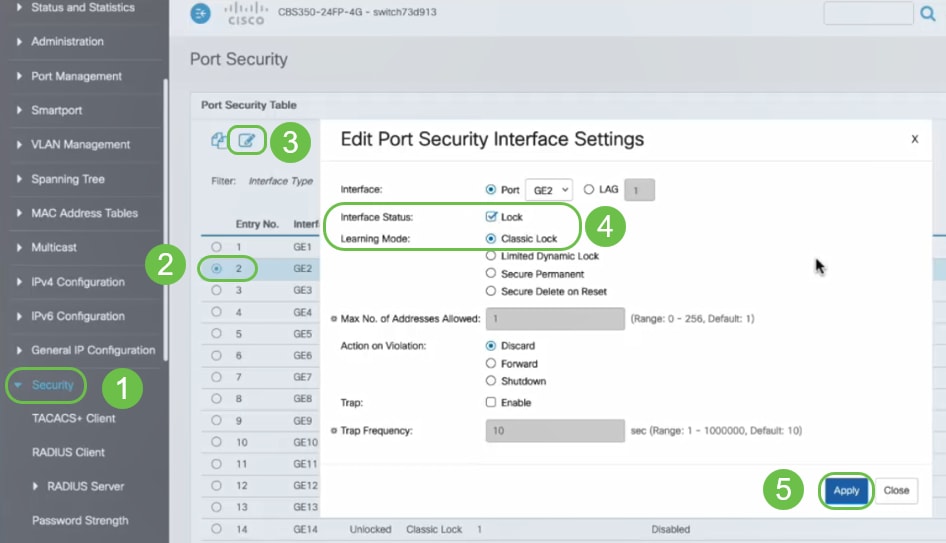 We navigate to the Security menu, select switch port 2 (GE2), and click on the edit icon. We enable the Lock option beside Interface Status. Learning Mode will be shown as Classic Lock. We leave Action on Violation as Discard and click Apply.