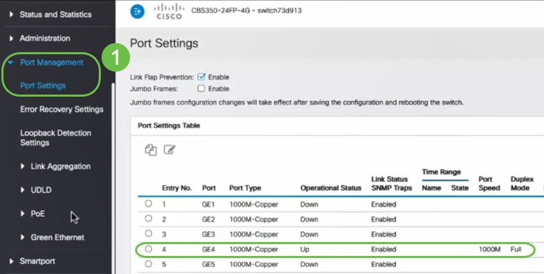 We will move the PC from switch port 2 (GE2) to switch port 4 (GE4) and make sure the Operational Status of the GE4 interface shows Up.