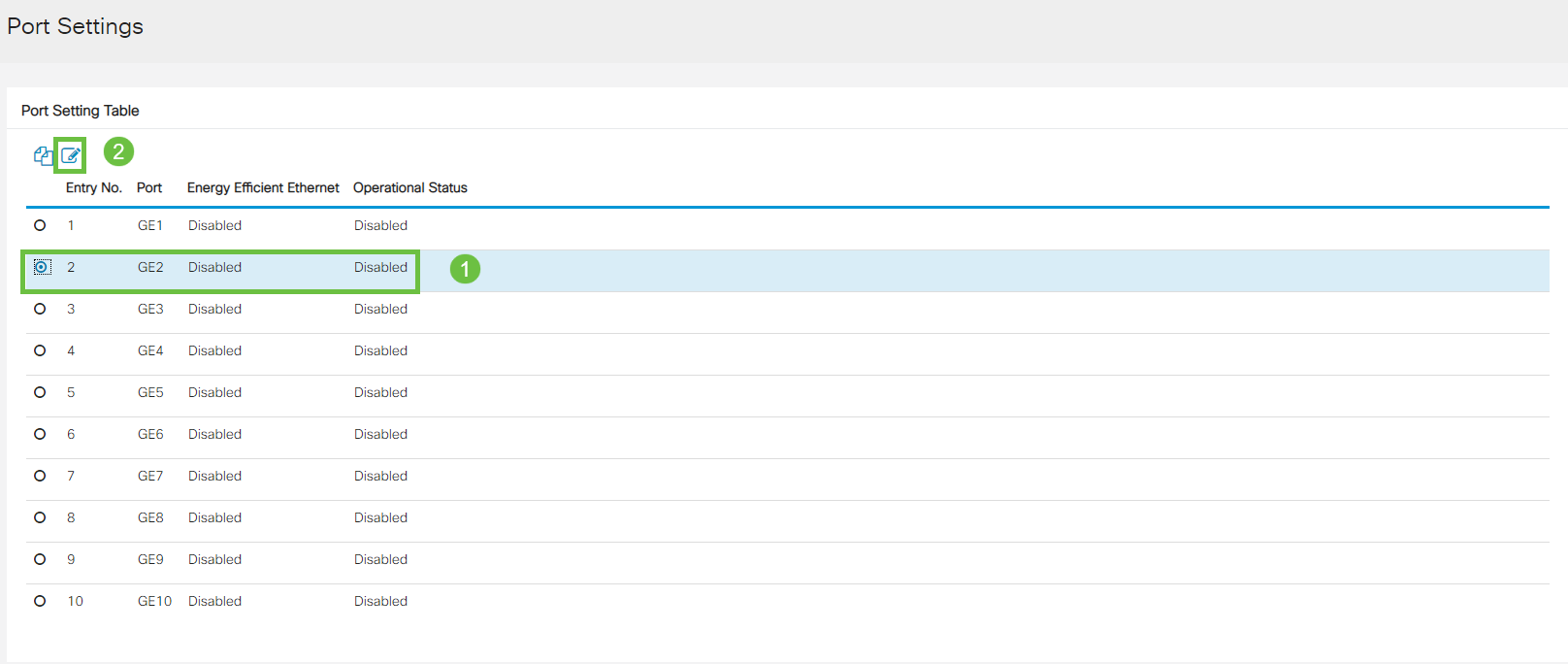 Select the port, in this example we used GE2, press the pencil icon to edit. 