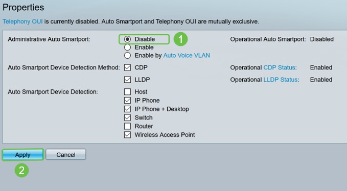 Select Disable next to Administrative Auto Smartport, to disable the Smartport globally on the switch. Click Apply. This will disable the Smartport on all interfaces but will not affect manual VLAN configurations. 