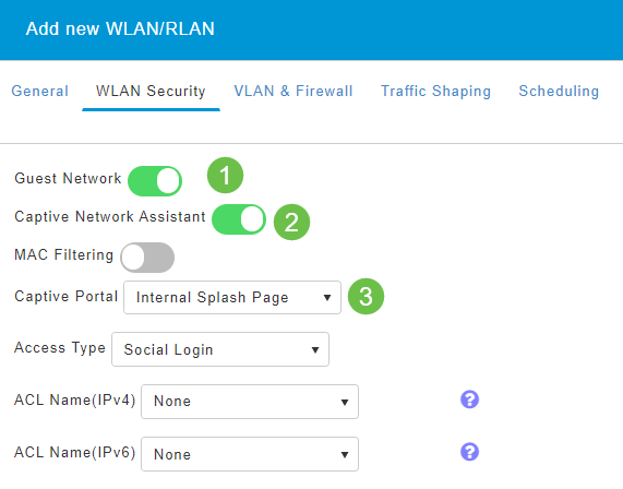 This example shows an example of turning on Guest Network, Captive Network Assistant, and Captive Portal.