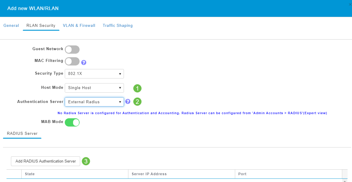 If you choose 802.1X for the Security Type, more options must be selected. You need to select the following: • Host Mode -Single Host or Multi Host • Authentication Server - External Radius or AP • MAB Mode – Enabled or Disabled. To add MAC addresses, follow the instructions in the next step. 