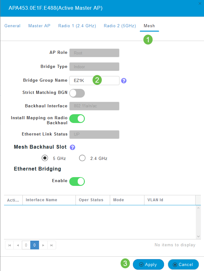 Click the Mesh tab. Here you can view and change the Bridge Group Name. If you make changes, be sure you click Apply. 