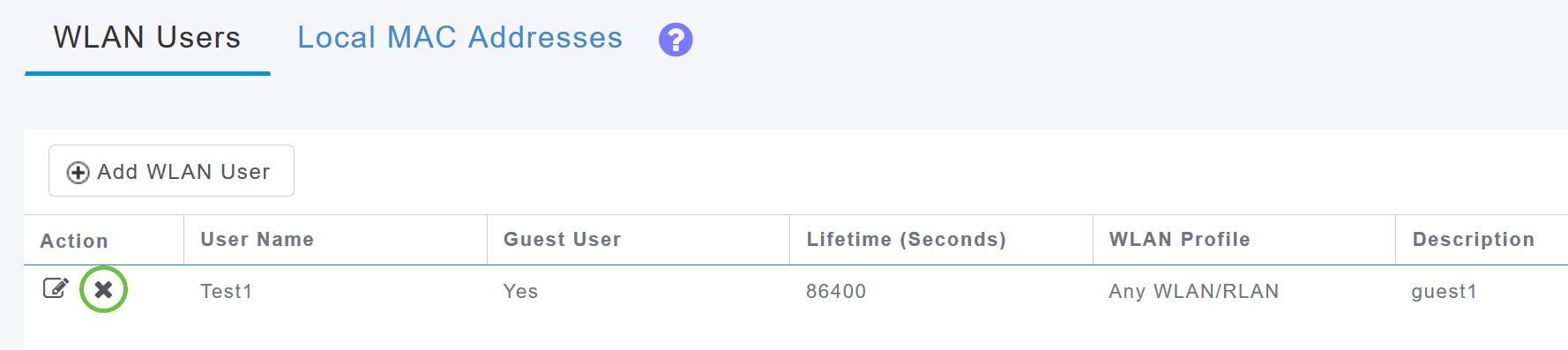 To delete a WLAN user, click the Delete icon adjacent to the WLAN user you want to delete.