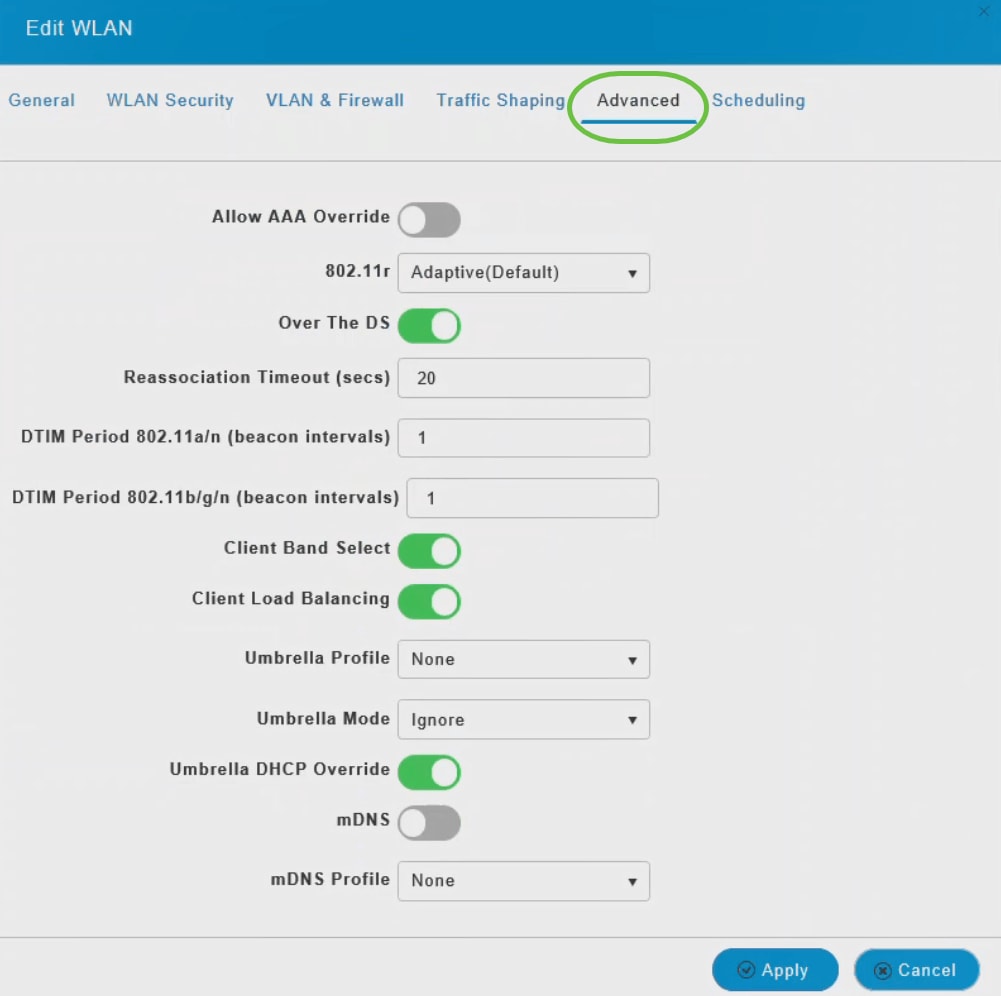 In the Edit WLAN window, select Advanced tab.