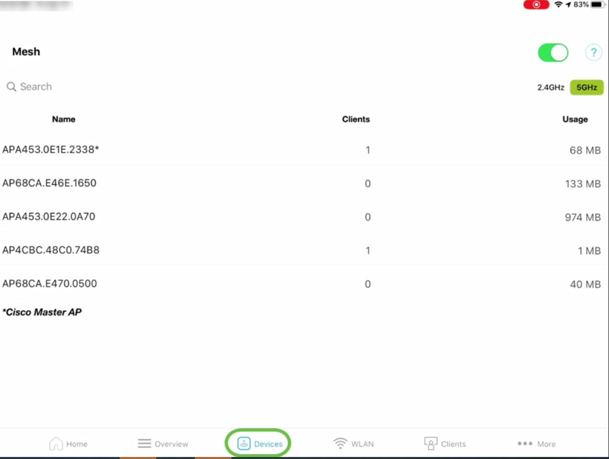 Devices tab allows you to view details of devices connected to your wireless network. 