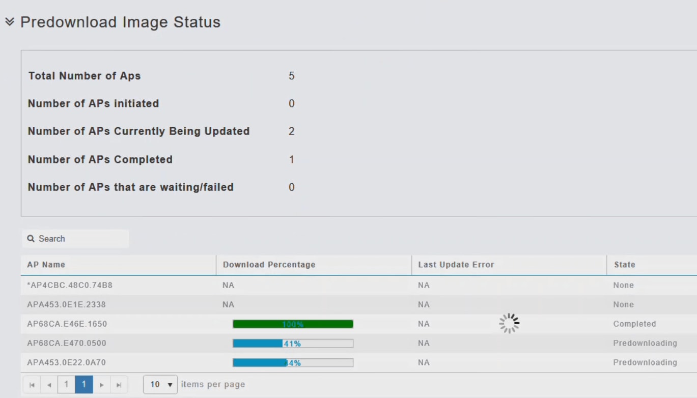 The Predownload Image Status section of the page shows the status of the pre-image download to the Mesh Extenders in the network. 