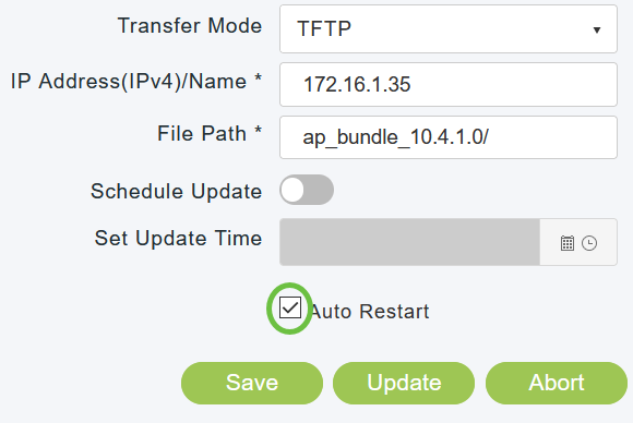 To set the Primary AP to automatically reboot after the image pre-download is complete, check the Auto Restart check box.