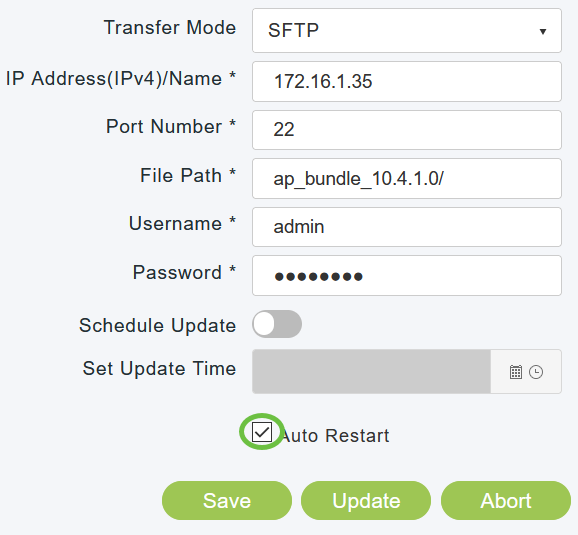 To set the Primary AP to automatically reboot after the image pre-download is complete, check the Auto Restart check box.