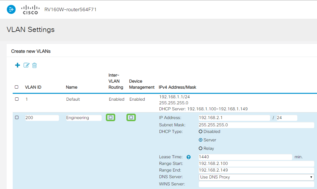 Uncheck the Enabled box for both Inter-VLAN Routing and Device Management if desired.